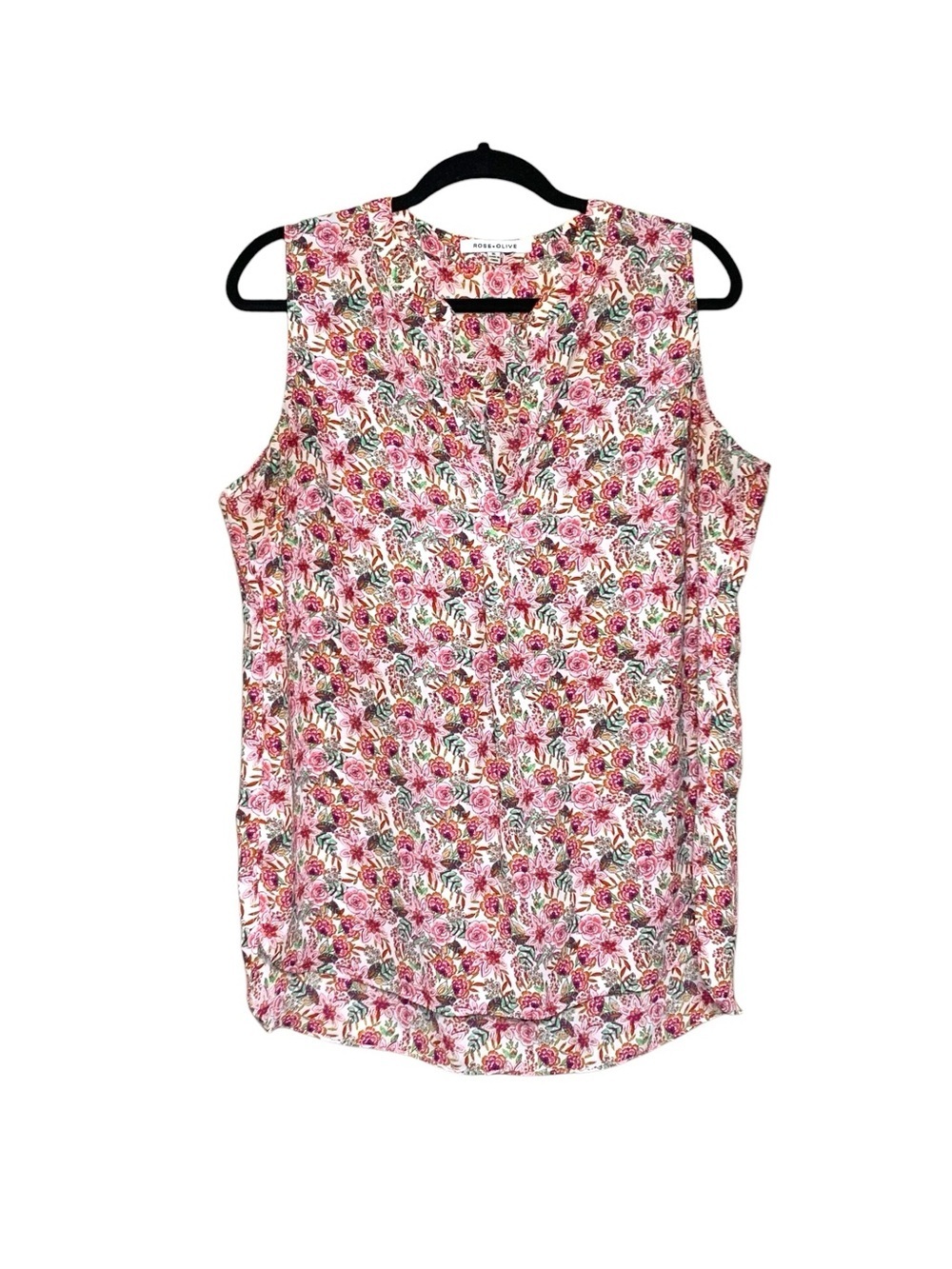 Rose & Olive Pink Floral Crepe Sleeveless Top V-Neck Sz XL Breeze Summer Shirt
